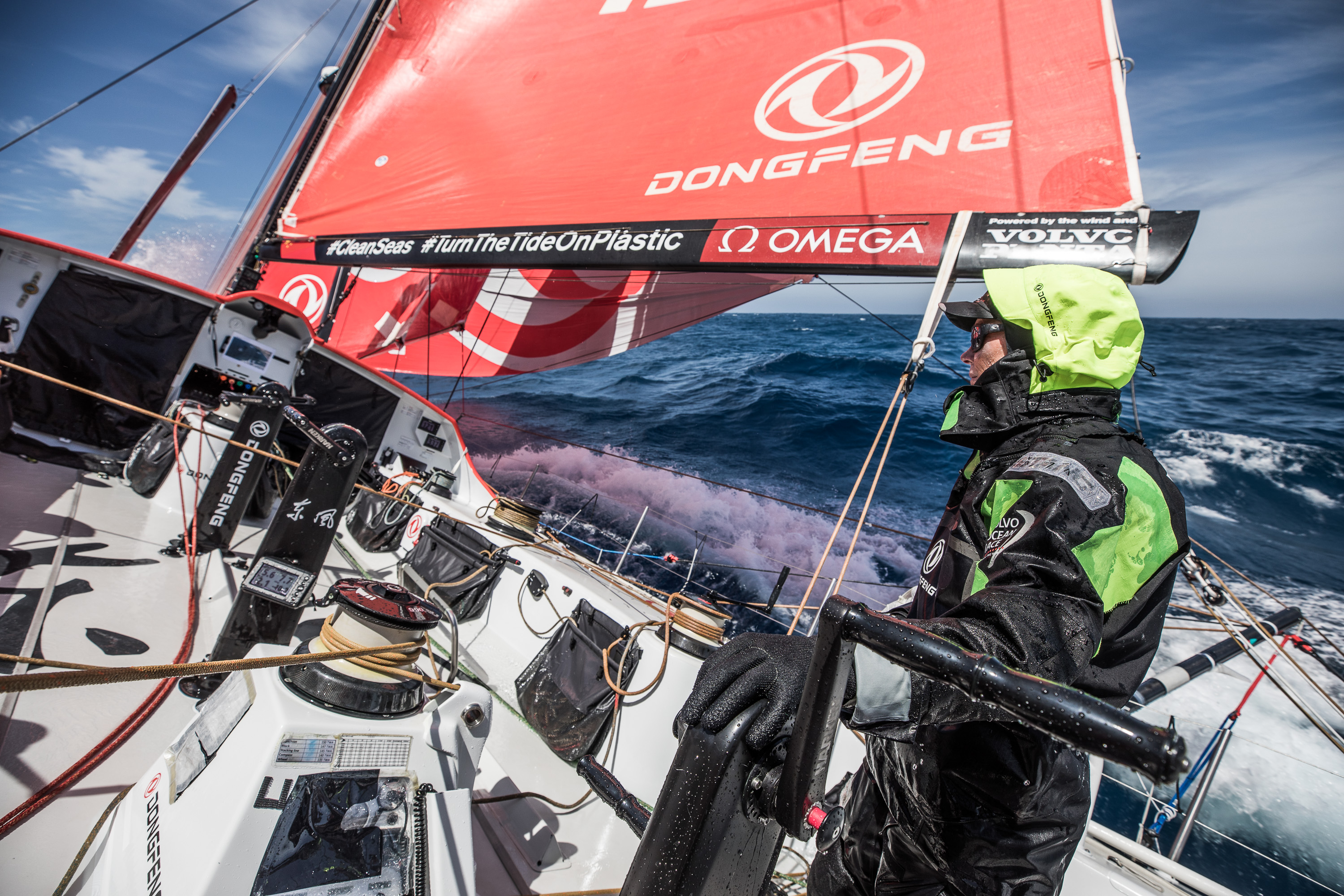Leg 3, Cape Town to Melbourne, day 09, on board Dongfeng. Carolijn Brouwer enjoying the cold ride in the Indian Ocean. 3Photo by Martin Keruzore/Volvo Ocean Race. 18 December, 2017.