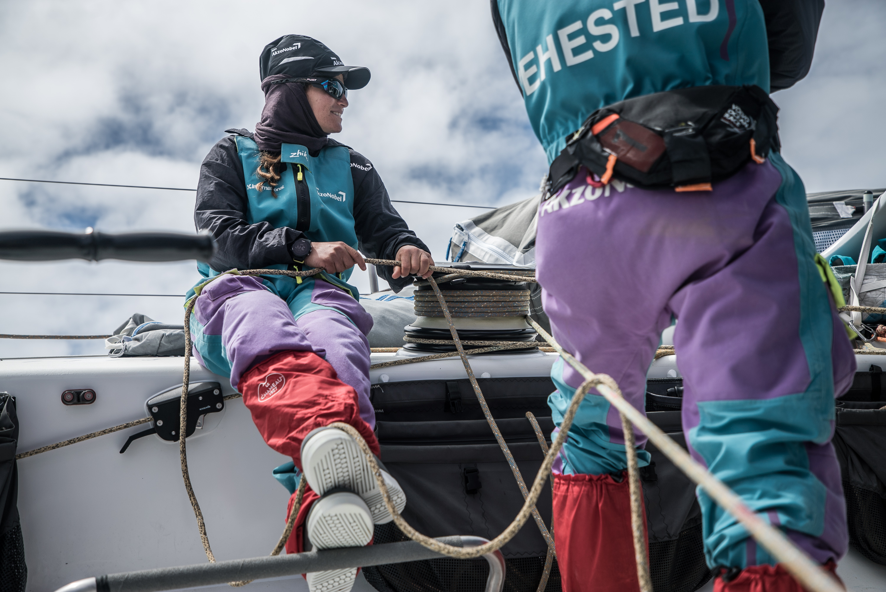 Leg 3, Cape Town to Melbourne, day 17, on board AkzoNobel.  Nice upwind saling for the crew. the team are using some of this time for ongoing tests. Martine Grael experimenting with a few different setups. Photo by James Blake/Volvo Ocean Race. 26 December, 2017.
