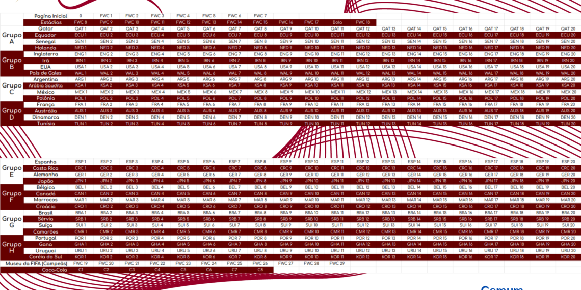 Tabela em excel da Copa do Mundo de 2023