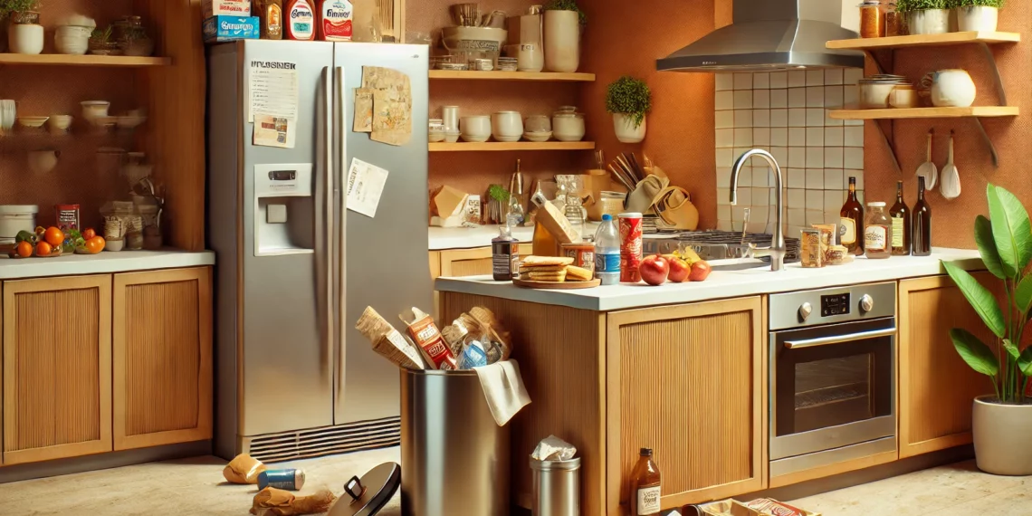 DALL·E 2024-08-19 17.38.51 - A horizontal image showing a modern kitchen with subtle indicators of overspending habits. The kitchen has a warm and inviting feel, with a sleek coun
