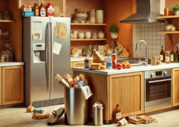DALL·E 2024-08-19 17.38.51 - A horizontal image showing a modern kitchen with subtle indicators of overspending habits. The kitchen has a warm and inviting feel, with a sleek coun