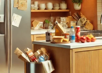 DALL·E 2024-08-19 17.38.51 - A horizontal image showing a modern kitchen with subtle indicators of overspending habits. The kitchen has a warm and inviting feel, with a sleek coun