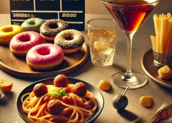 DALL·E 2024-08-27 20.41.29 - A vertical scene formatted for stories, showcasing an elegant arrangement of iconic dishes including colorful donuts, a bowl of spaghetti with meatbal